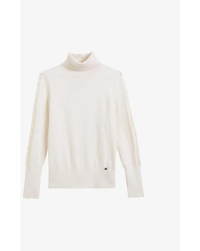 Ted Baker Roll-neck Stitch-sleeve Knitted Jumper - White