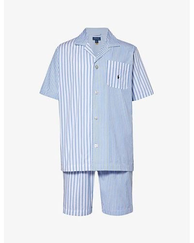 Polo Ralph Lauren Stripe-pattern Logo-embroidered Cotton Pajamas - Blue