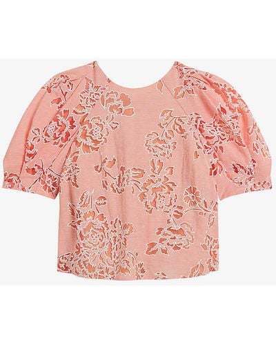 Ted Baker Floral-print Puff-sleeve Woven Top - Pink