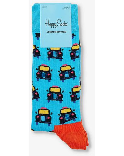 Happy Socks London Cab Graphic-print Stretch-cotton-blend Socks - Blue