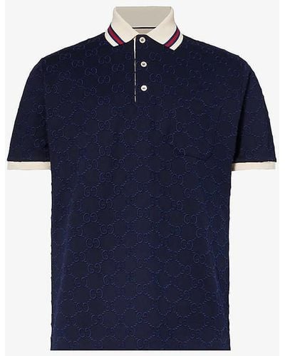 Gucci Monogram-pattern Striped-trim Stretch-cotton Polo Shirt X - Blue