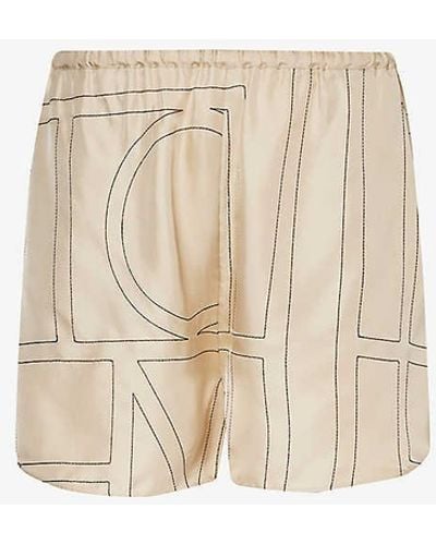 Totême Brand-embroidered High-rise Silk-twill Shorts - Natural
