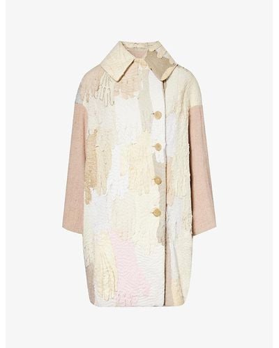 By Walid Cocoon Patchwork-panel Suede And Linen-blend Coat - White
