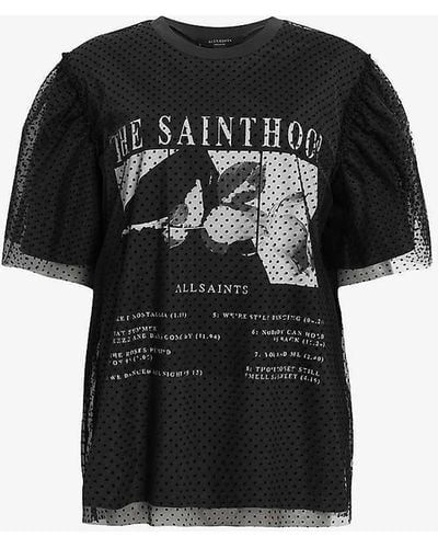 AllSaints Rosekis Tommi Graphic-print Puff-sleeve Organic-cotton T-shirt - Black