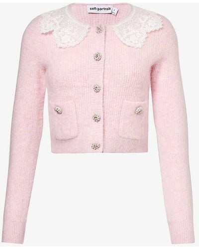 Self-Portrait Fluffy Ribbed-knit Stretch-woven Blend Cardigan - Pink