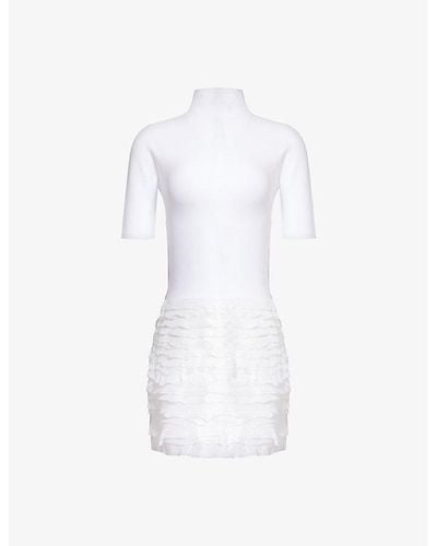 Alaïa High-neck Ruffle-hem Knitted Mini Dress - White