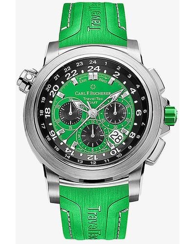 Carl F. Bucherer 00.10620.08.93.02 Patravi Traveltec Gmt Four Seasons Stainless-steel And Rubber Automatic Watch - Green