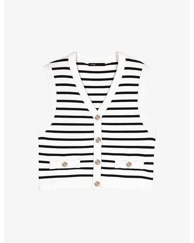 Maje V-neck Sleeveless Striped Stretch-knit Cardigan - White