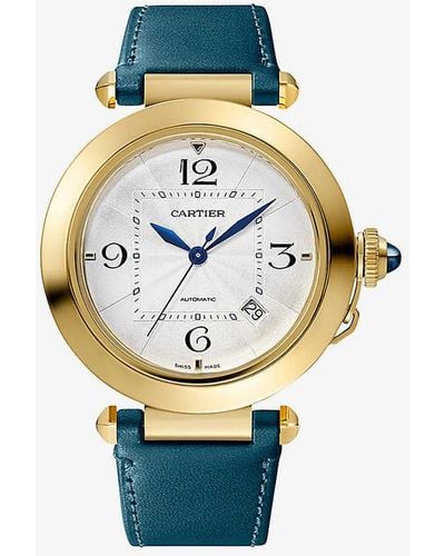 Cartier Crwgpa0015 Pasha De 18ct Yellow-gold, Sapphire And Leather Interchangeable Strap Automatic Watch - Blue