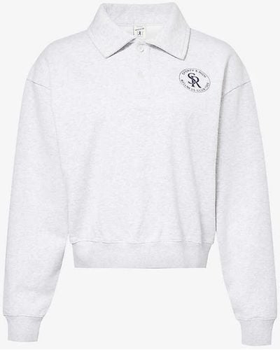 Sporty & Rich Grey Vy Brand-patch Polo-collar Cotton-jersey Sweatshirt - White