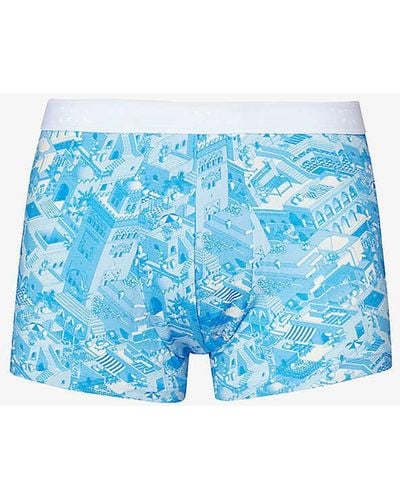 Derek Rose Marrakech-print Branded-waistband Stretch-cotton Boxer Briefs - Blue