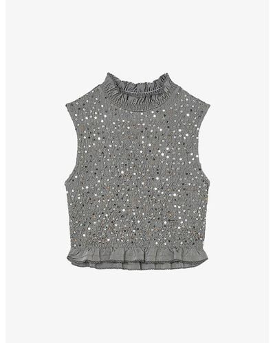 Sandro Sequin-embellished Slim-fit Stretch-woven Top - Gray