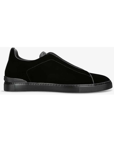 Zegna Triple Stitch Velvet And Leather Low-top Trainers - Black
