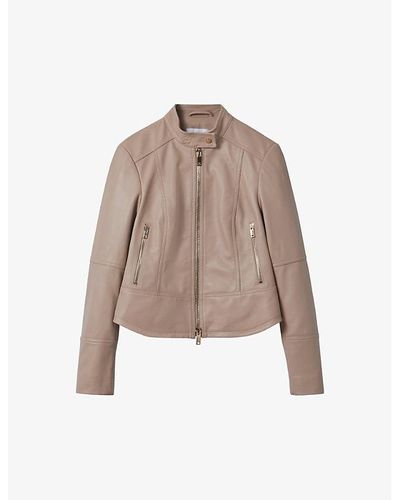 Reiss Lola Stand-collar Leather Biker Jacket - Natural