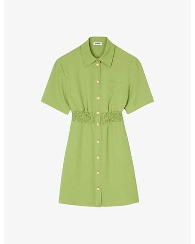 Sandro Patch-pocket Shirred-waist Woven Mini Dress - Green