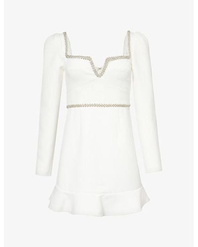Self-Portrait Long-sleeved Crystal-embellished Crepe Mini Dress - White