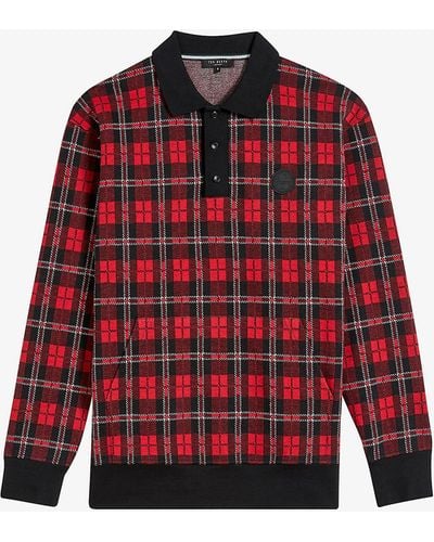 Ted Baker Bennev Checked Logo-patch Stretch-woven Rugby Shirt - Red