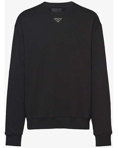 Prada Logo-plaque Crewneck Relaxed-fit Cotton-jersey Sweatshirt - Black