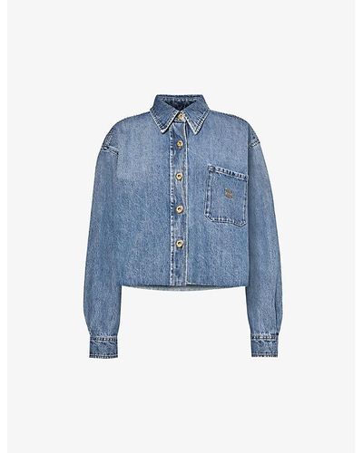 Miu Miu Brand-embroidered Contrast-stitched Relaxed-fit Denim Shirt - Blue