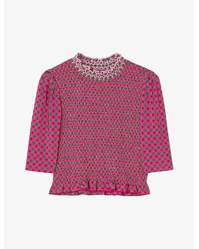 Sandro Mosaic-print Smocked Stretch-woven T-shirt - Pink