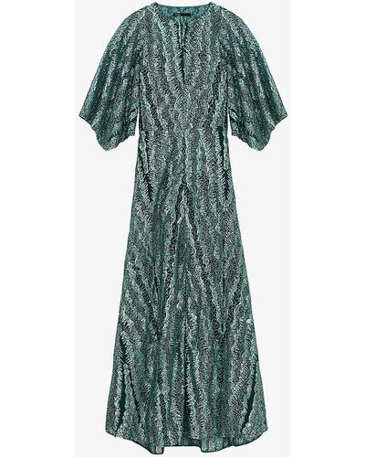 Maje Sequin-embellished Wide-sleeve Stretch-woven Maxi Dress - Green