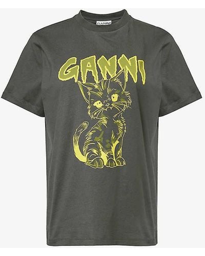 Ganni Kitty Graphic-print Organic-cotton T-shirt - Green