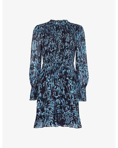 Whistles Tiger-print Shirred Woven Mini Dress - Blue
