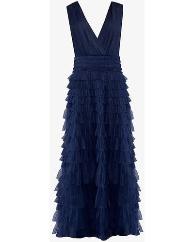 Ro&zo Anoushka V-neck Tiered Tulle Maxi Dress - Blue