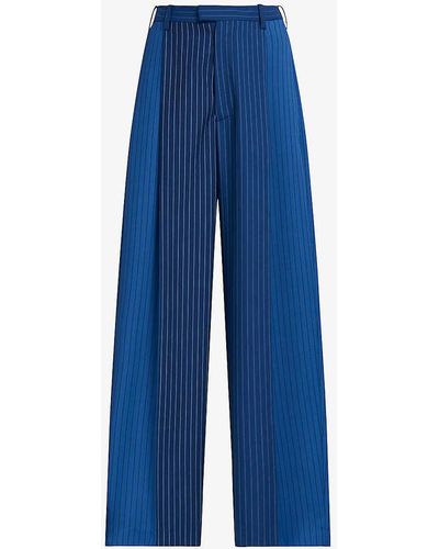 Marni Striped Pleated Wide-leg High-rise Wool Trousers - Blue
