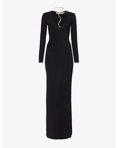 AYA MUSE V-neck Crystal-embellished Woven-blend Midi Dress - Black