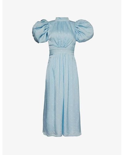 ROTATE BIRGER CHRISTENSEN Polka-dot Puff-sleeve Woven Midi Dress - Blue