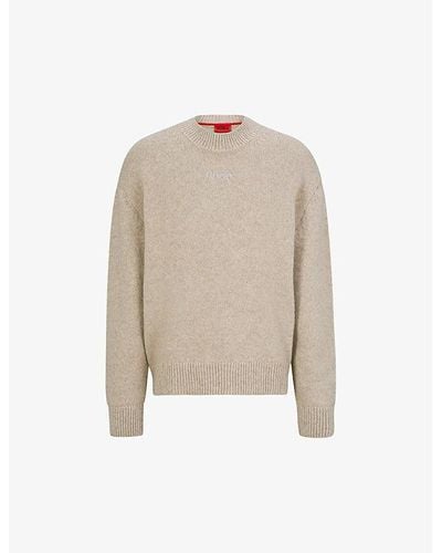 HUGO Logo-embroidered Knitted Wool-blend Sweater - Natural