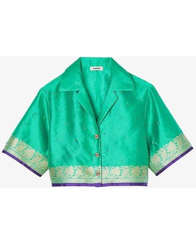 Sandro Damask-print Rhinestone-embellished Woven Shirt - Green