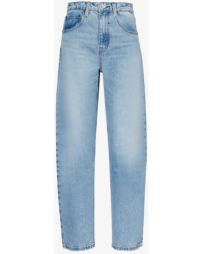 FRAME Brand-patch Contrast-stitch Barrel-leg Mid-rise Recycled Denim-blend Jeans - Blue