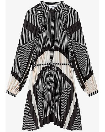 Reiss Bay Geometric-print Pleated Woven Mini Dress - Grey