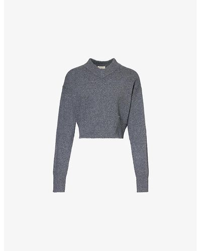 ADANOLA V-neck Cropped Knitted Sweater - Blue