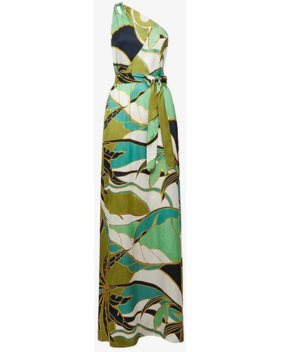 Reiss Tina Graphic-print One-shoulder Woven Maxi Dress - Green
