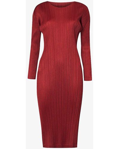 Pleats Please Issey Miyake November Pleated Knitted Coat - Red
