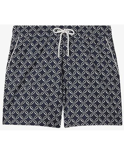 Reiss Vy/white Fraser Geometric-print Drawstring-waist Stretch Recycled-polyester Swim Shorts - Blue