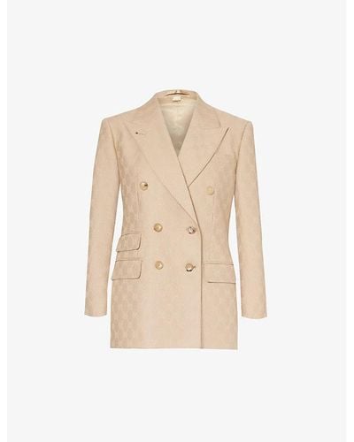 Gucci Monogram-pattern Double-breasted Wool Jacket - Natural