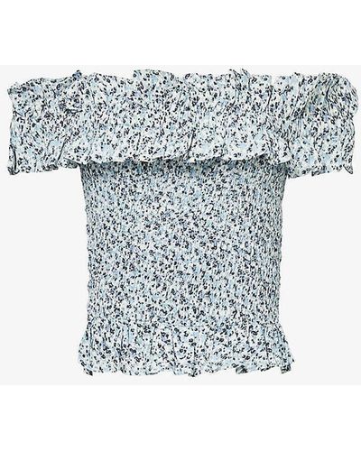 Ganni Off-shoulder Shirred-bodice Organic-cotton Top - Blue