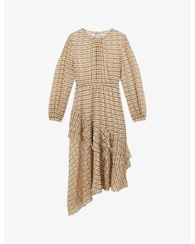 LK Bennett Bea Block-print Asymmetric-hem Silk Midi Dress - Natural