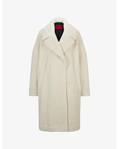 HUGO Single-breasted Oversized-fit Faux-fur Teddy Coat - Natural