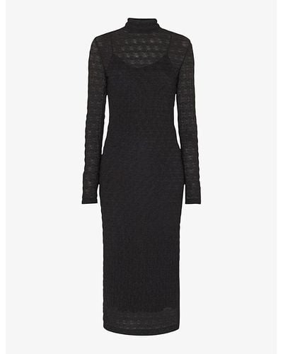 Whistles High-neck Long-sleeve Textured Knit Midi Dress - Black