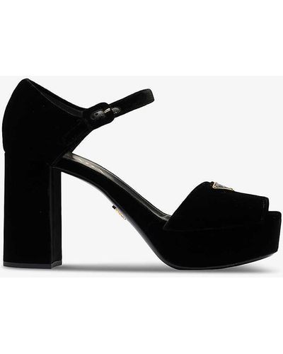 Prada Branded Velvet Heeled Sandals - Black