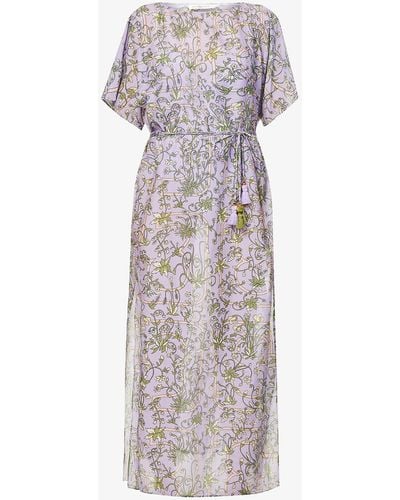 Tory Burch Garden Floral-print Cotton-silk Blend Kaftan - Purple