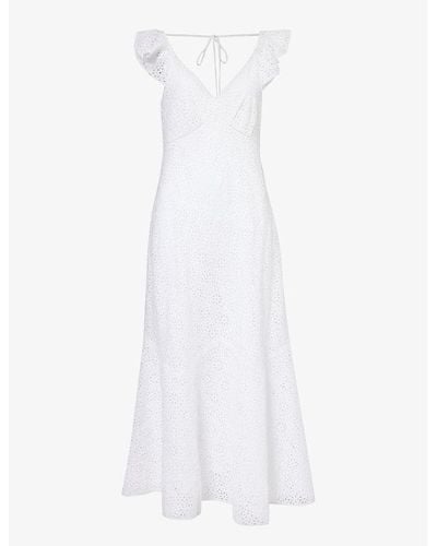 Polo Ralph Lauren Floral-embroidered Frill-trim Linen Midi Dress - White