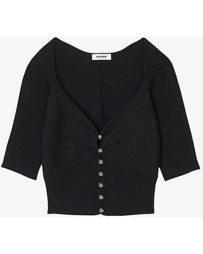 Sandro Sweetheart-neck Cropped Stretch-woven Cardigan - Black