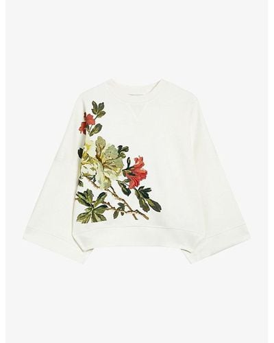 Ted Baker Laurale Floral-embroidered Relaxed-fit Stetch-woven Jumper - White