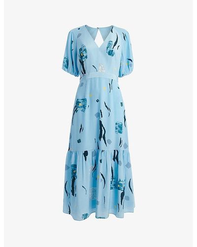 Whistles Abstract-print V-neck Silk Midi Dress - Blue